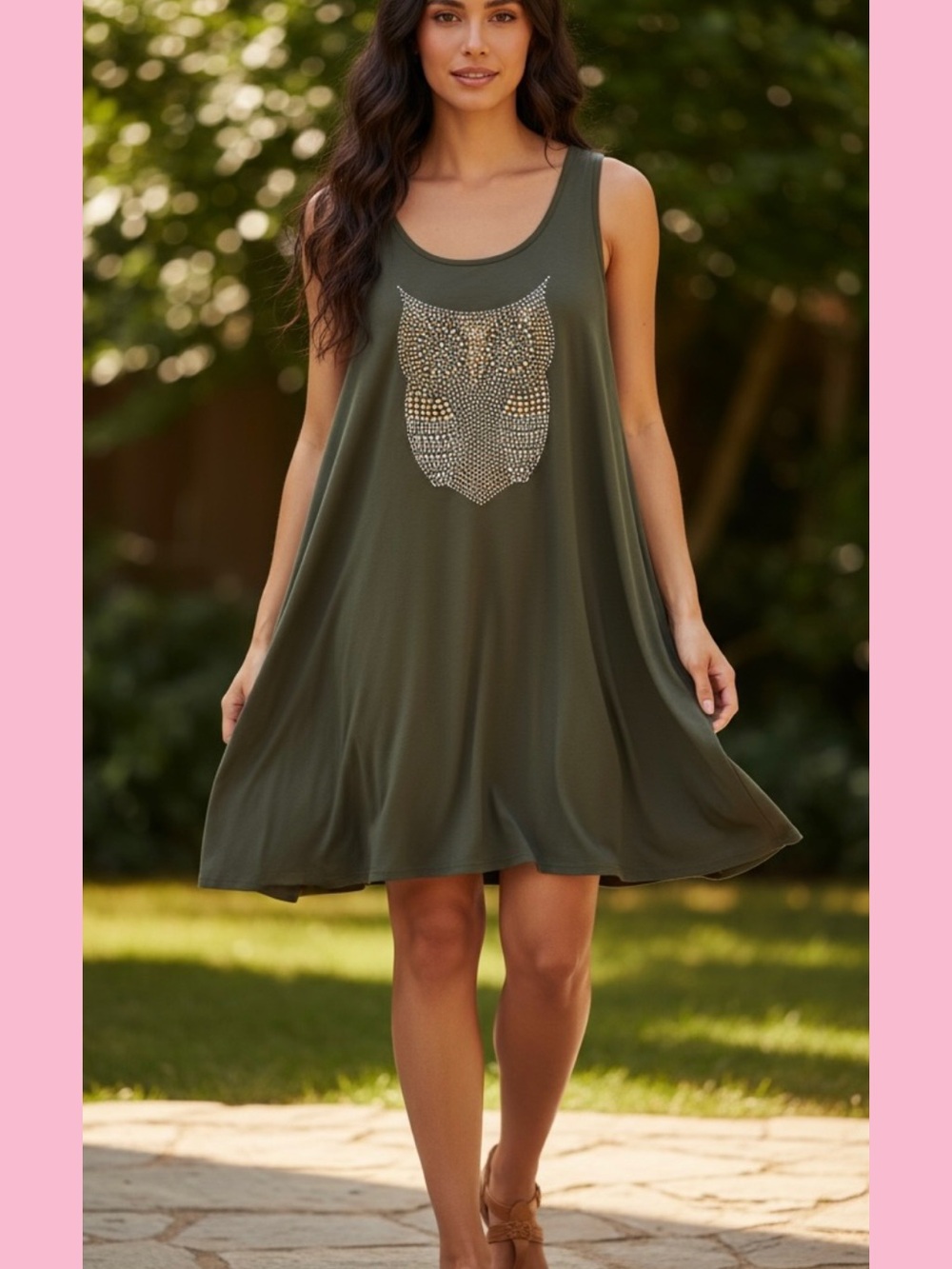 SJS Olive Green Sleeveless Dress with Rhinestone Owl Accent